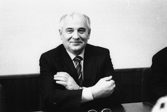 caption: Former Soviet leader Mikhail Gorbachev in 1992.