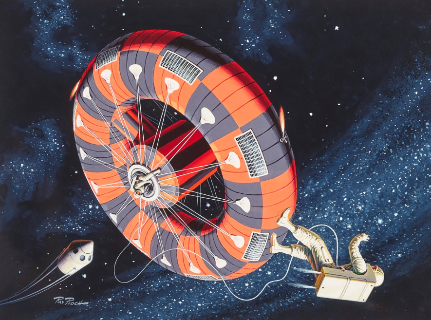 caption: "Inside Our First Space Station," a 1962 painting by Ray Pioch, was owned by Paul Allen and is part of a 2024 Christie's auction of Allen's estate. 
