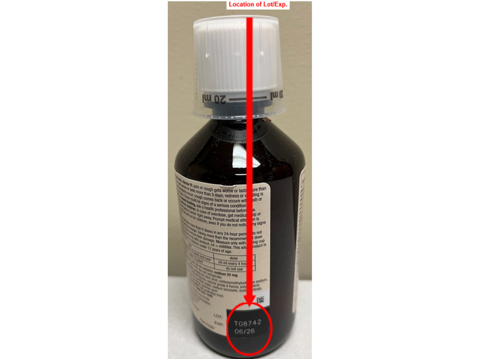 caption: This photo provided by U.S. Food & Drug Administration shows the location of a lot number of recalled Robitussin cough syrup. The maker is recalling several lots of its medicine Thursday, due to contamination that could pose a serious risk to people with weakened immune systems.