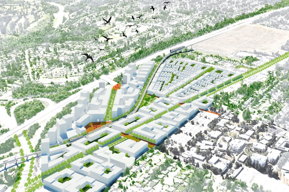 caption: Student presentation imagining a new community at Kent Des Moines Station, built using a Housing Benefit District model. From a 2017 presentation by then UW Graduate students Sujing Sun, Jiaxi Xu, Aaron Loomans.