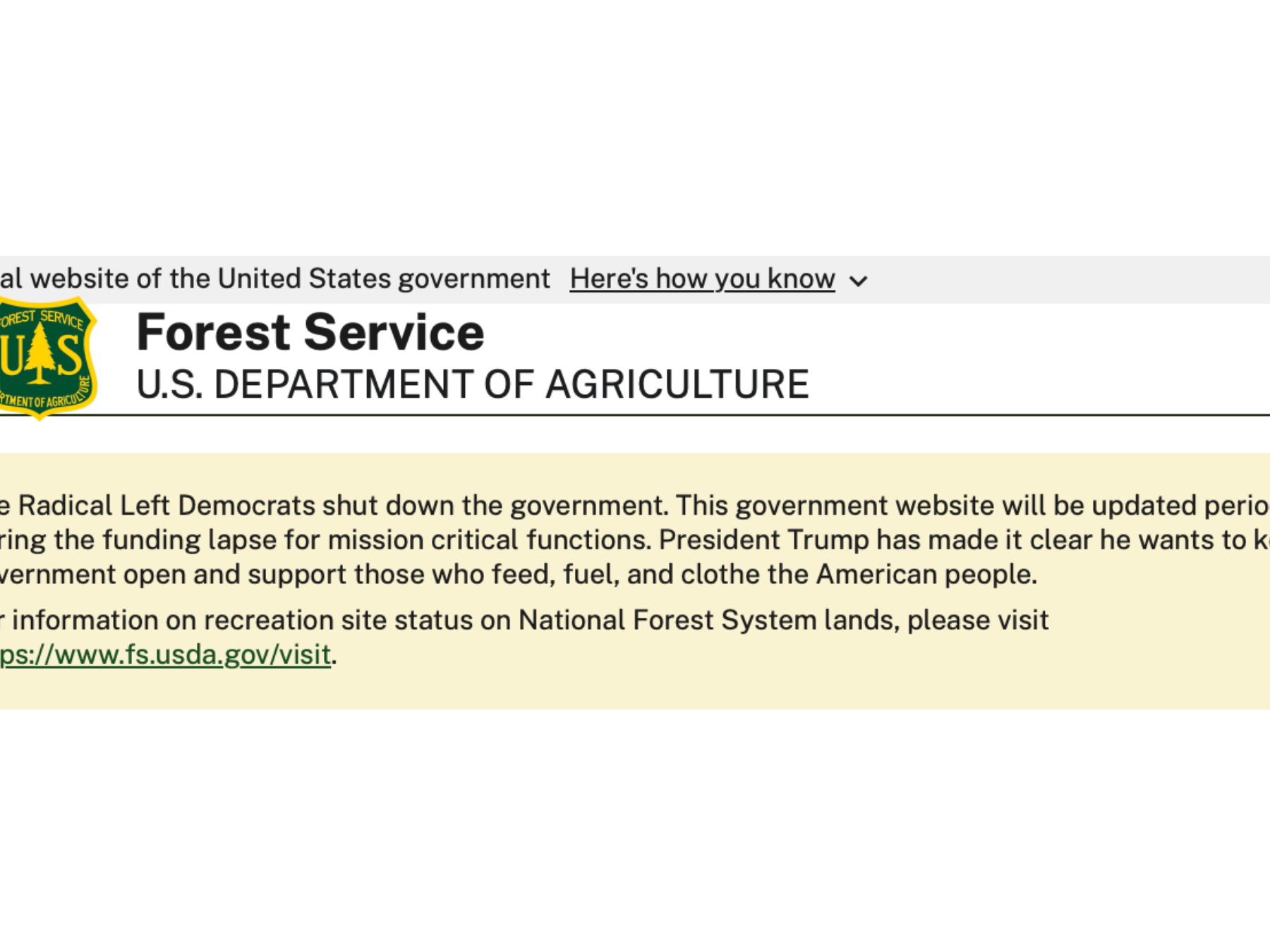 caption: A screen shot a message on the U.S. Forest Service website that some say violates the federal Hatch Act against political activity