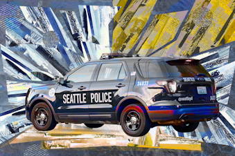 caption: Collage of Seattle Police car against textured background. Photo courtesy of Seattle Police Department.