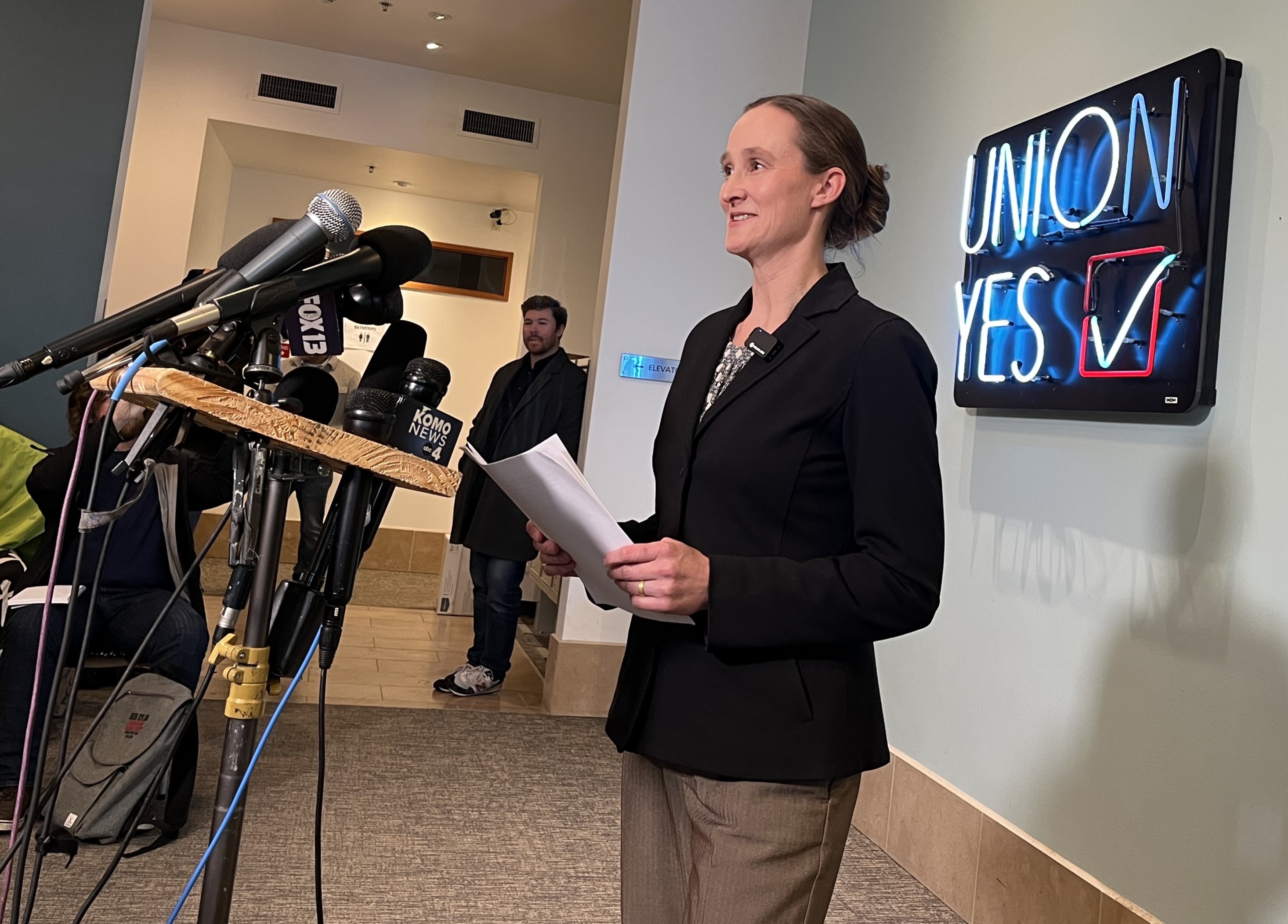 caption: Seattle Mayor-elect Katie Wilson speaks to supporters and press Thursday, Nov. 13, 2025, at the Seattle Labor Temple.