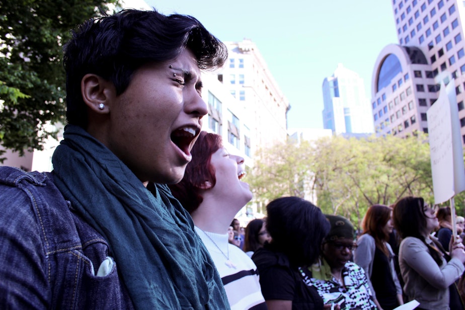 caption: A file photo from 2014, when a group of women organized a six-second scream at Westlake Center in response to shootings at the University of Santa Barbara. The shooter had written a 140-page misogynist manifesto. This was before #metoo, when the hashtag was #YesAllWomen.