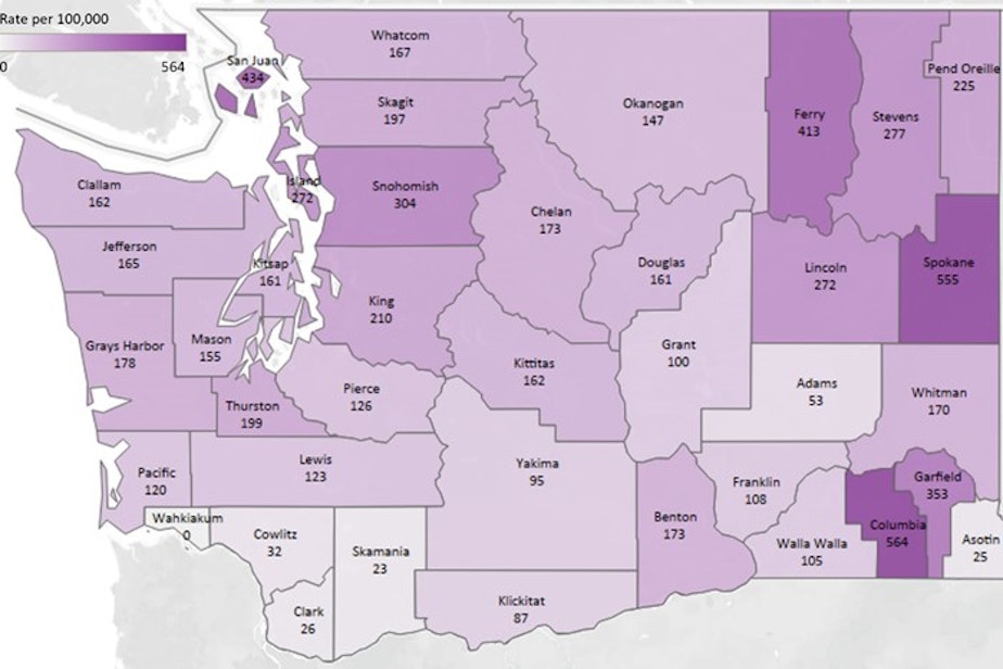caption: Washington state Suicide and Suicide Attempts per 100,000 Adolescents Age 10-17, 5 Year Rate, 2015-2019