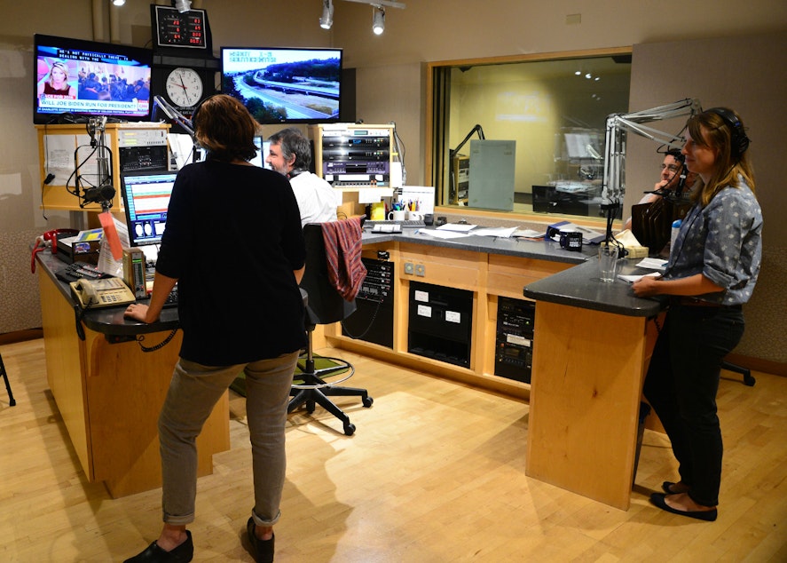 caption: Inside the KUOW control room.