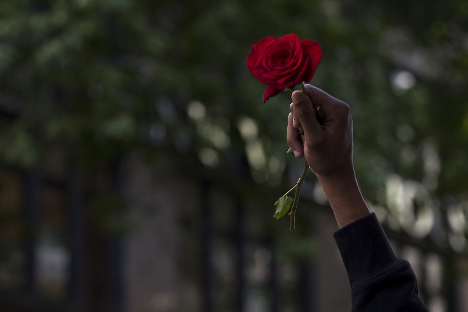 caption: Chazz Daniels holds a rose in the air as several hundred people gathered in a peaceful protest march from Westlake Park to Seattle City Hall on Monday, June 1, 2020, in Seattle. Protesters later marched to the Seattle Police Department's East Precinct building where tear gas and flash bang grenades were deployed. 
