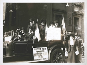 caption: A photo taken on October 18, 1920, of suffragettes in Newark, New Jersey during the closing hours of the campaign for votes in support of the 19th Amendment.