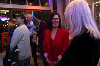 caption: Tammy Morales, Seattle City Council incumbent in District 2, makes an appearance at her colleague Andrew Lewis's election night gathering on Tuesday, Nov. 7, 2023, in Seattle.