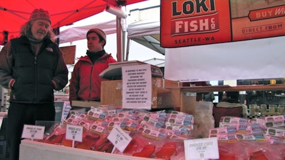 caption: Pete Knutson and his son Dylan sell wild salmon at farmers markets around Seattle. "We had people passing on our fish this year. It was directly because they were worried about Fukushima," Pete Knutson said. 