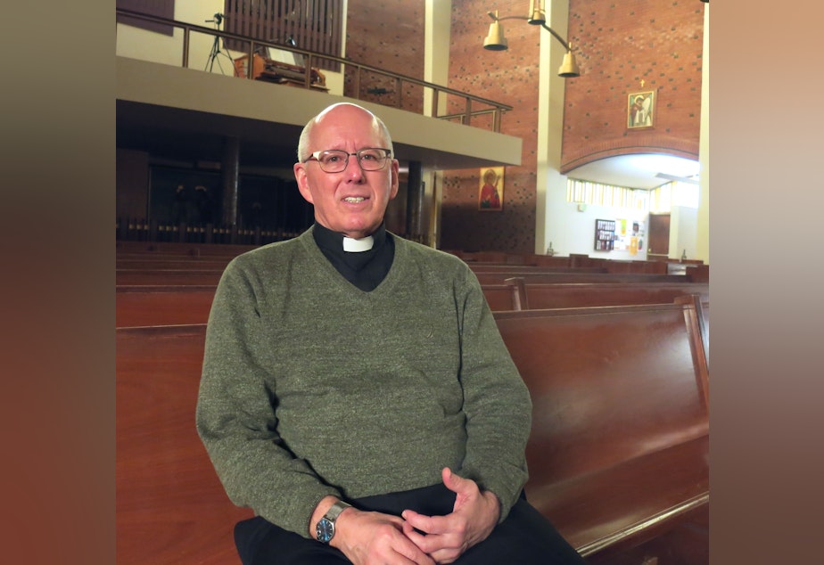 caption: Father Tim Clark of Our Lady of the Lake Roman Catholic Church in Seattle.