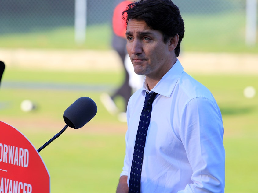 caption: Canadian Prime Minister Justin Trudeau campaigns for the upcoming election in Fredericton, New Brunswick, on Wednesday.