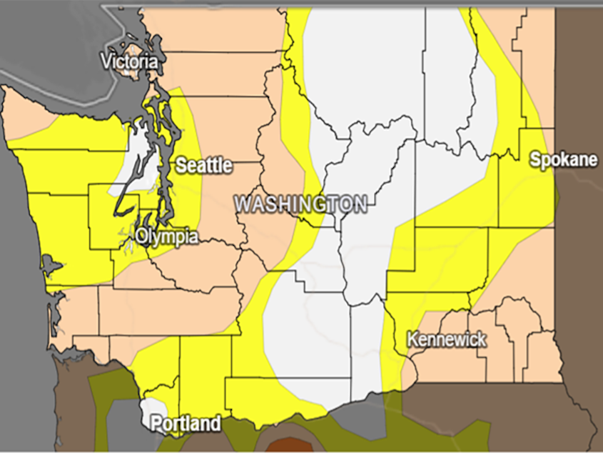 caption: A July 5 map of Washington state indicating dry conditions, from the state Department of Ecology. Yellow indicates abnormally dry regions, while orange indicates moderate drought.