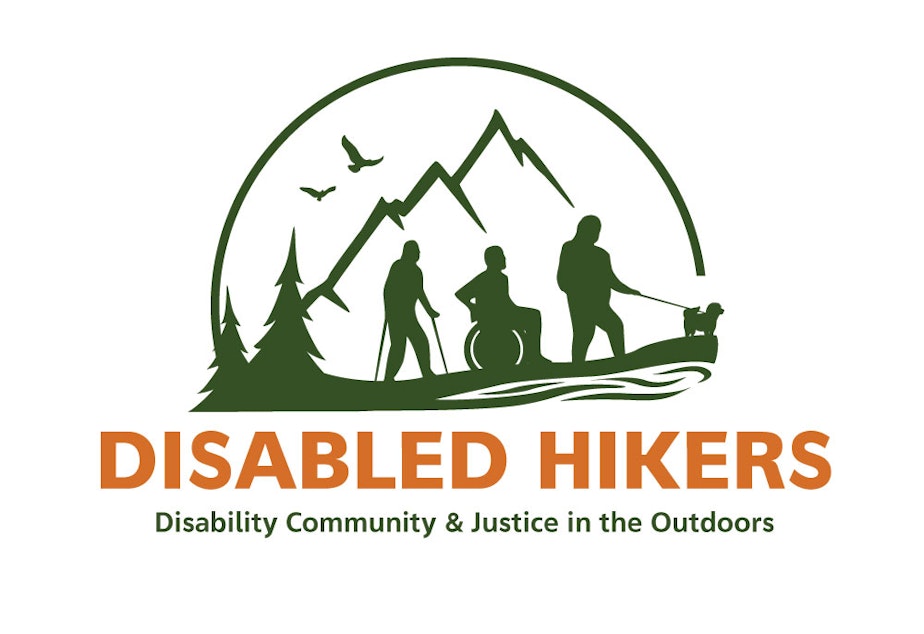 Caption: Logo for Disabled Hikers, which features three hikers using different types of mobility. 