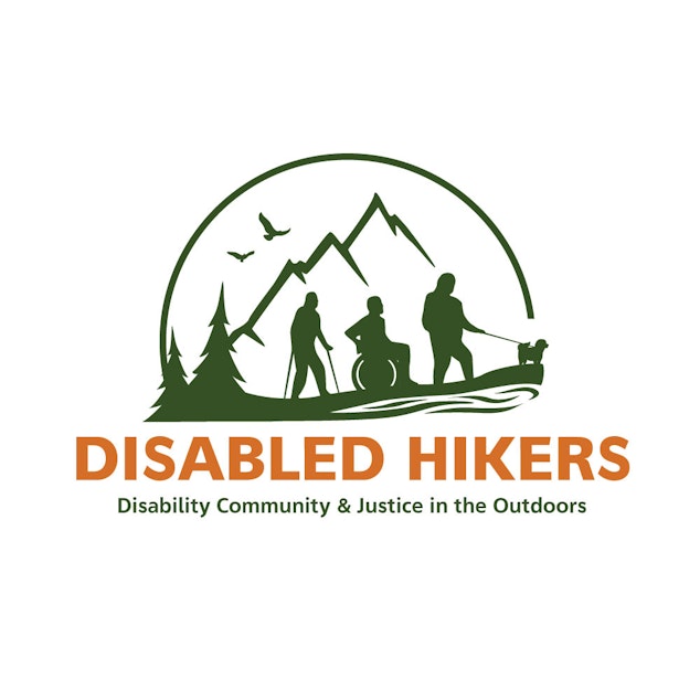 caption: The Disabled Hikers logo, featuring three hikers using different kinds of mobility. 
