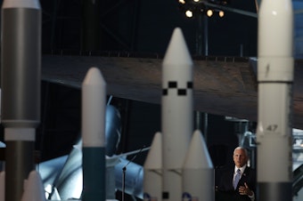 caption: Vice President Pence speaks during a meeting of the National Space Council last week in Chantilly, Va. Pence and President Trump have pushed hard for the establishment of a separate Space Force — and they hope the revival of U.S. Space Command will help get them there.