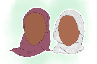 caption: An illustration of two girls, one wearing a purple hijab and one wearing a white hijab.