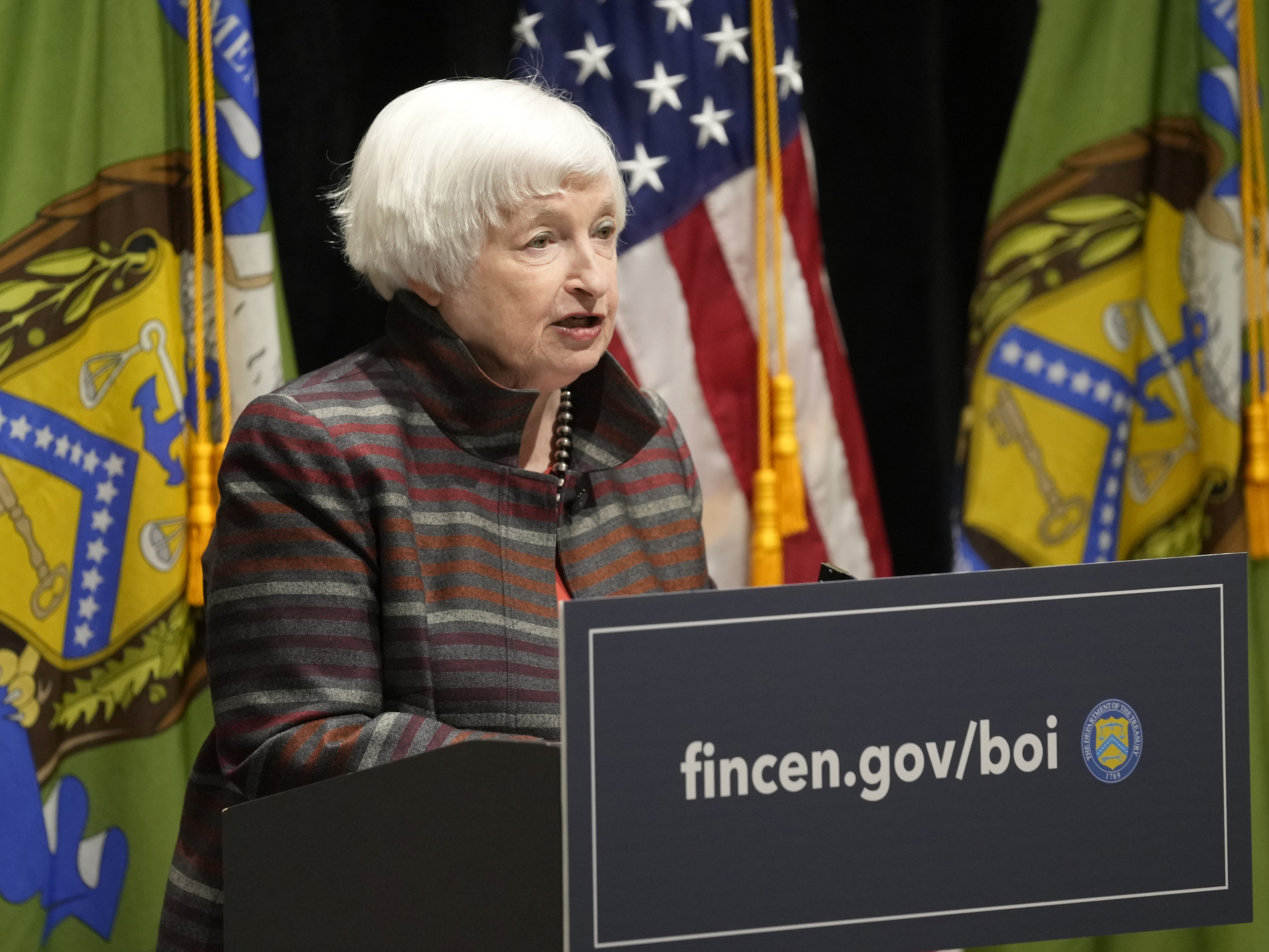 caption: U.S. Treasury Secretary Janet Yellen speaks during a visit to the Financial Crimes Enforcement Network in Vienna, Va., on Jan. 8.
