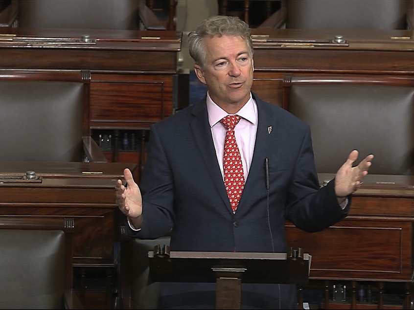 caption: In this image from video, Sen. Rand Paul, R-Ky., speaks on the Senate floor at the U.S. Capitol in Washington, D.C., on Wednesday. Paul announced Sunday that he had tested positive for the novel coronavirus.
