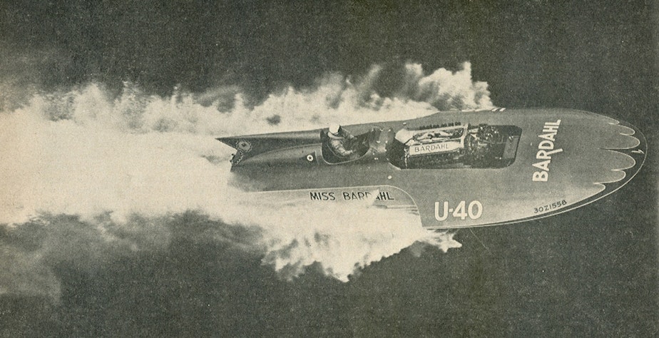 caption: Hydroplane racer and stunt pilot Mira Slovak drives the Miss Bardahl.