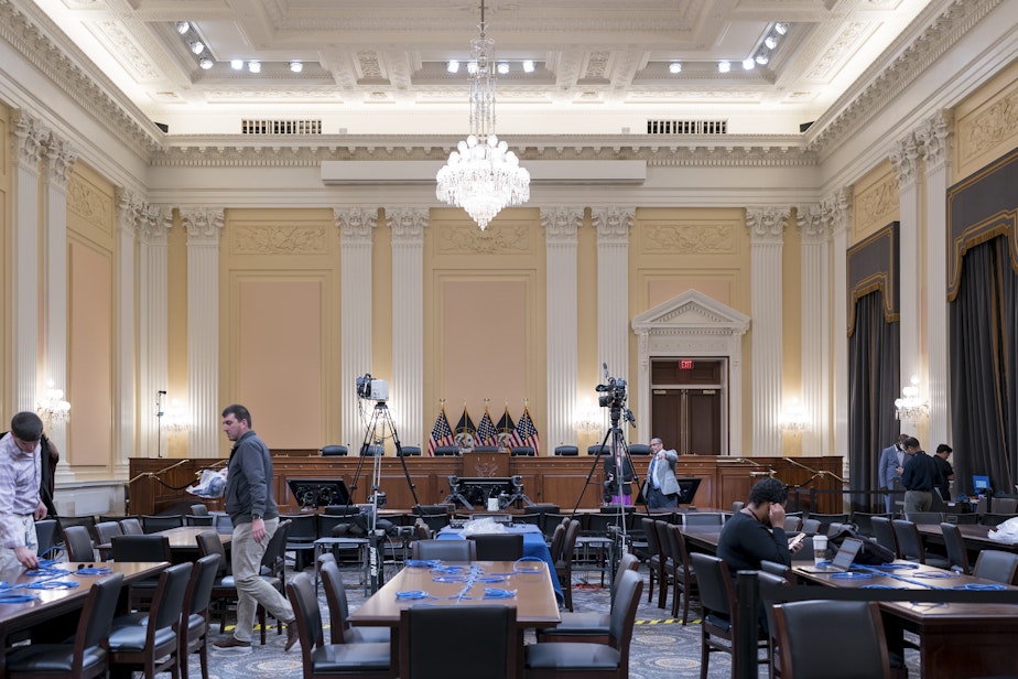 caption: Television crews and technicians prepare the Cannon Caucus Room for Thursday night's hearing by the House select committee investigating the attack of Jan. 6, 2021, at the Capitol in Washington, Tuesday, June 7, 2022.