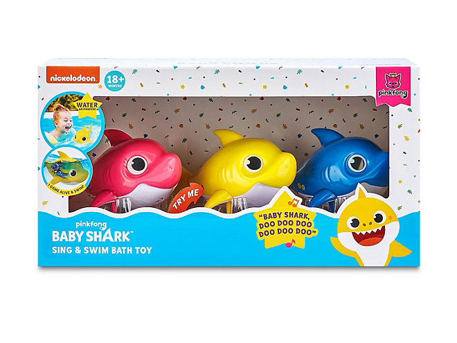 caption: Pictured are the mini versions of Zuru Toys' Baby Shark-branded toys that sing or swim when placed in water. The company recalled mini and full-size versions of the toys after a dozen children were injured from sitting or falling onto the toys.
