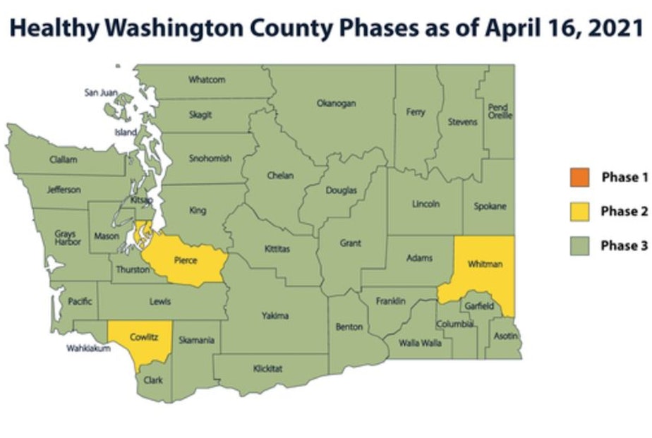 caption: Pierce, Cowlitz, and Whitman counties will be required to move back to Phase 2 of Washington state's phased reopening plan, Governor Jay Inslee announced on Monday, April 12, 2021.