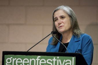 caption: Amy Goodman, host of Democracy Now!, addressing the Chicago Green Festival in 2010.
