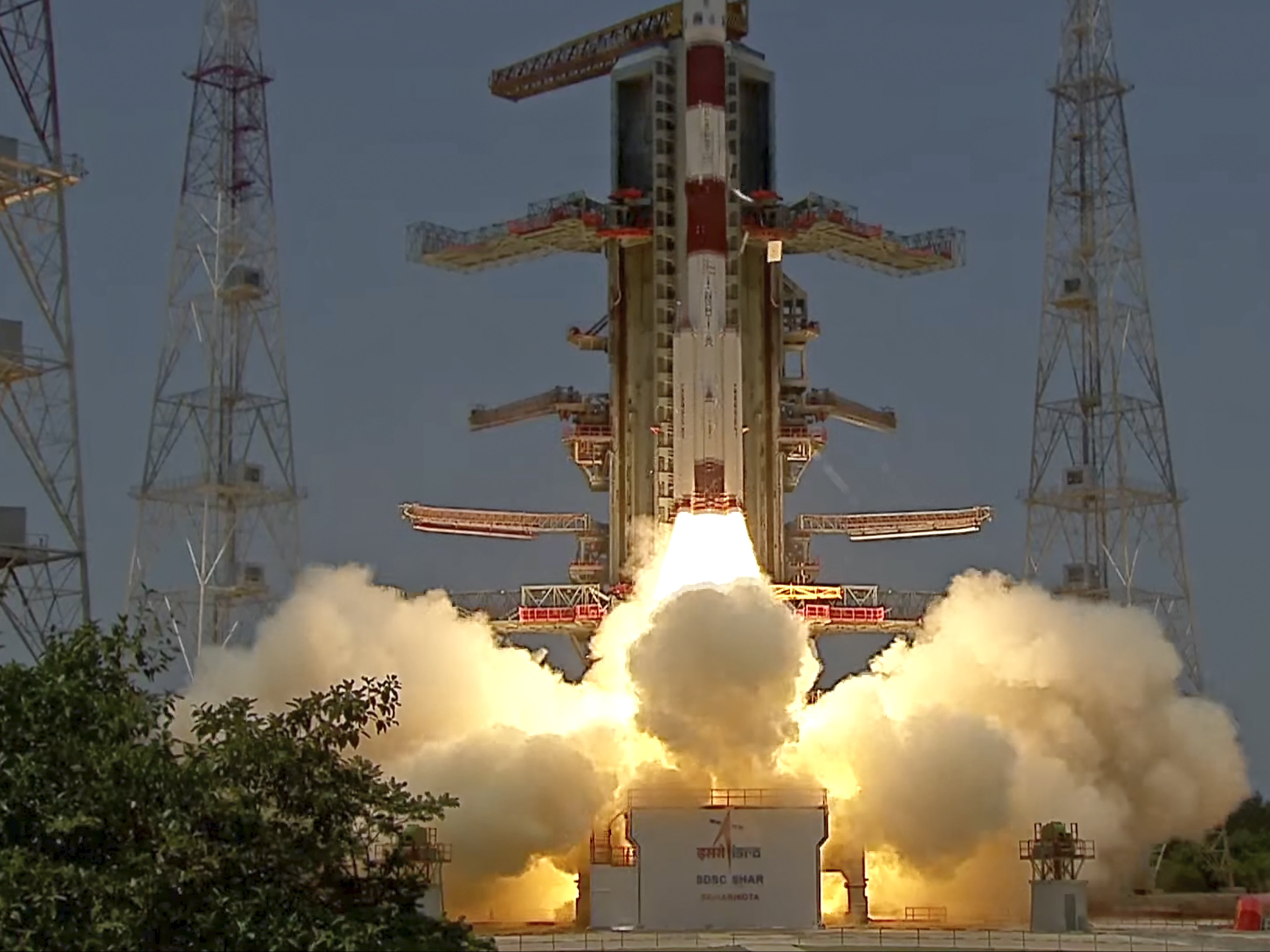 caption: A screen grab from the Indian Space Research Organisation's (ISRO) Youtube channel shows the Aditya-L1 spacecraft lift off on board a satellite launch vehicle from the space center in Sriharikota, India, Saturday.