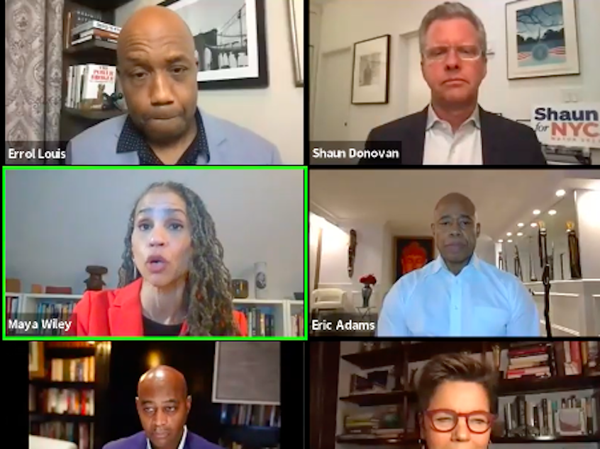 caption: A recent gathering of New York City mayoral candidates on Zoom.