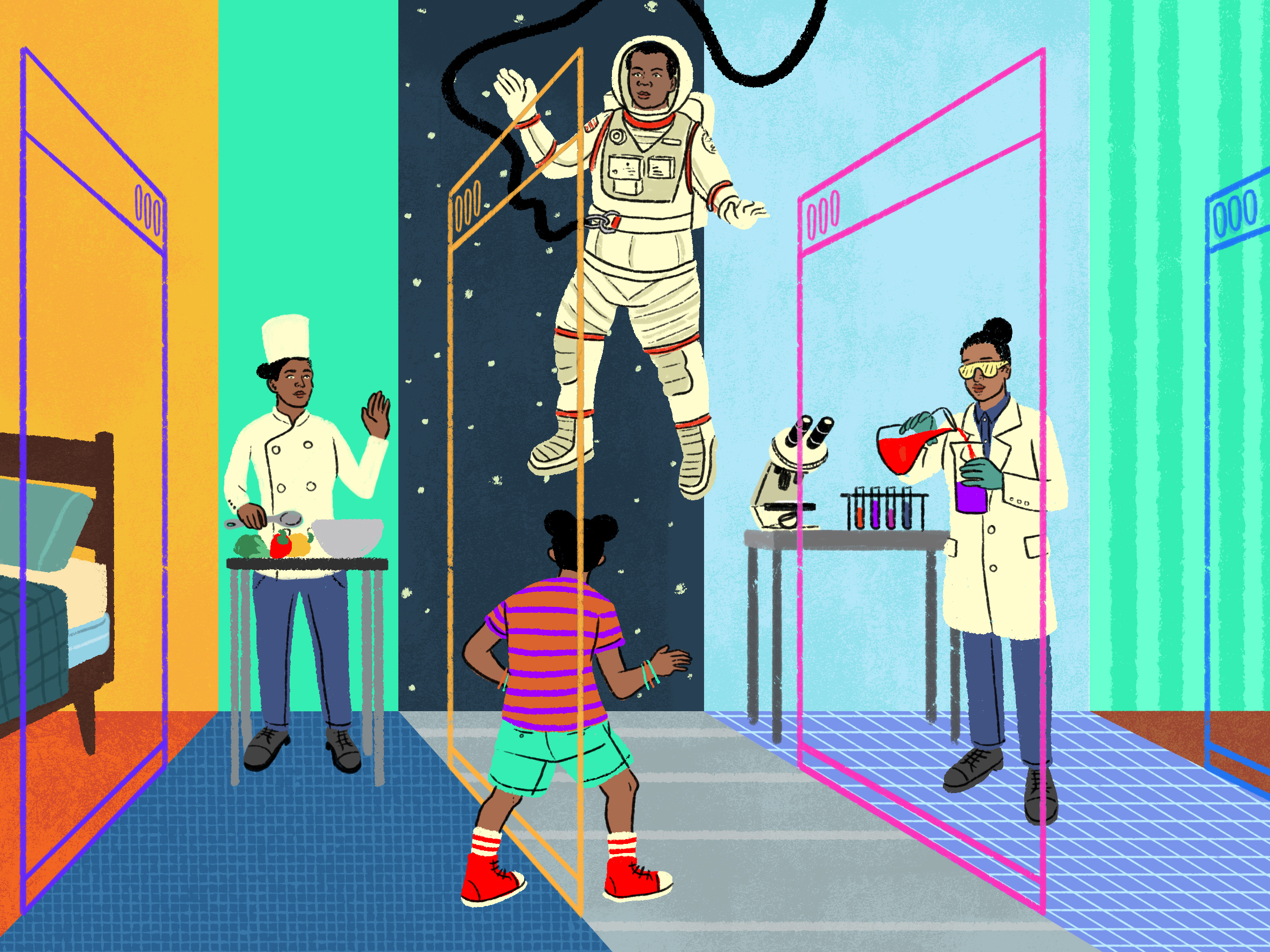 A young girl moves through a series of video classes in a virtual school setting.