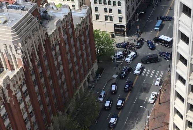 caption: The scene of a shooting in downtown Seattle on Thursday afternoon.