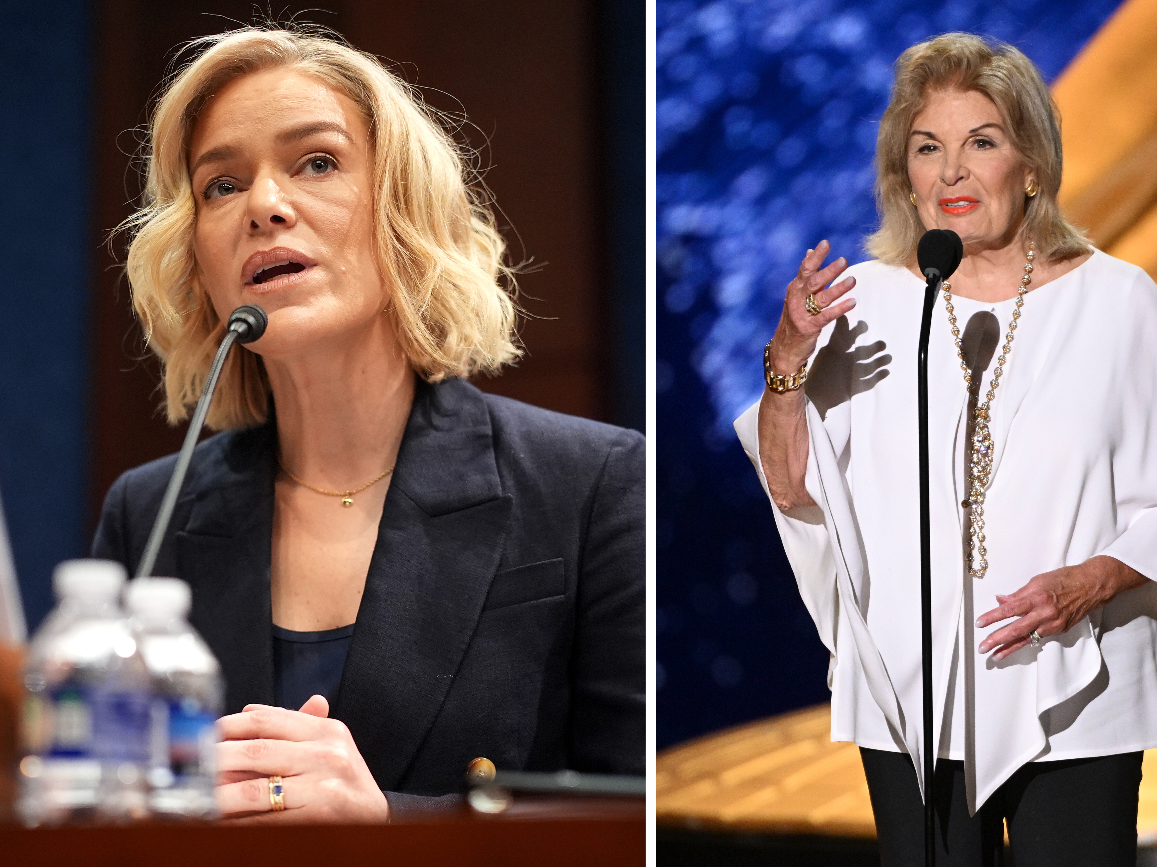 caption: On left, NPR President and CEO Katherine Maher testifies during a House Oversight and Government Reform Committee hearing at the U.S. Capitol on March 26. On right, CPB President and CEO Patricia Harrison accepts the Governors Award on CPB's behalf during the 2025 Creative Arts Emmy Awards on Sept. 7.