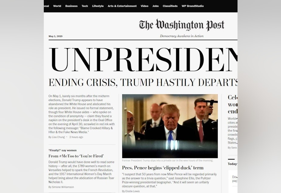 caption: A screenshot of the online version of a satirical edition of <em>The Washington Post</em> distributed around Washington, D.C., by political activists Wednesday.