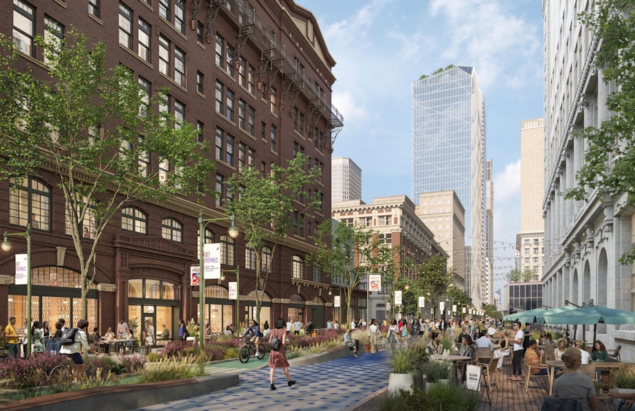 caption: A rendering (by architecture firm NBBJ) of Third Avenue, currently a major transit corridor, reimagined as a pedestrian zone