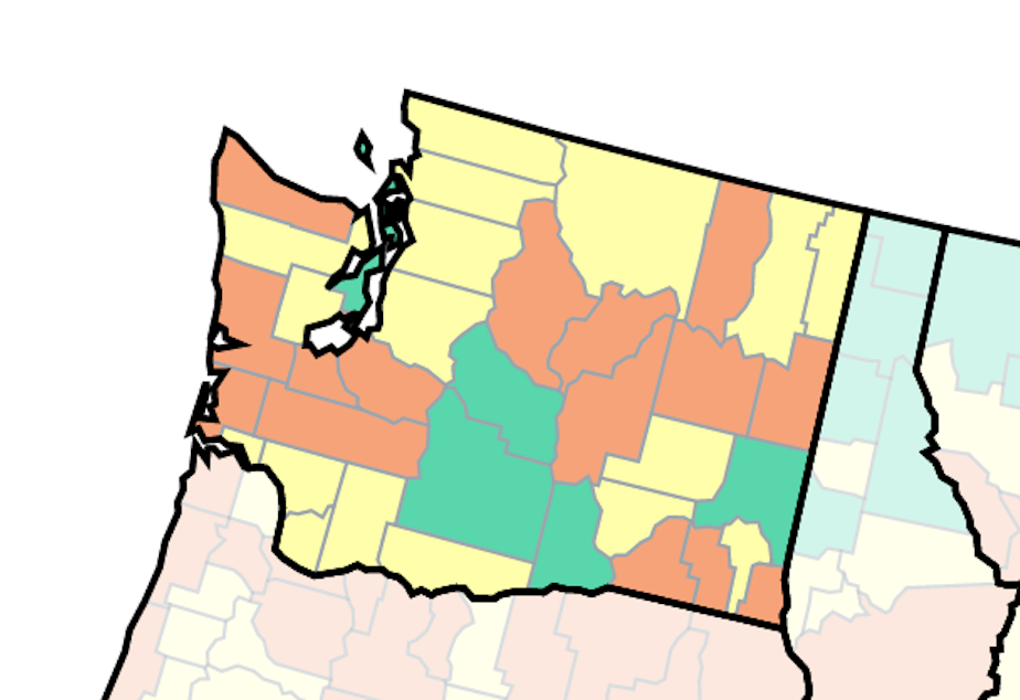 Graphic showing Covid case severity in Washington state counties as of July 5, 2022.