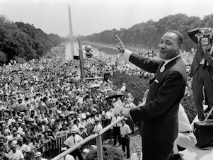 caption: Martin Luther King Jr. waves to supporters on August 28, 1963, during the March on Washington for Jobs and Freedom on the Mall in Washington, D.C. Activists marked 60 years since the march in 2023.