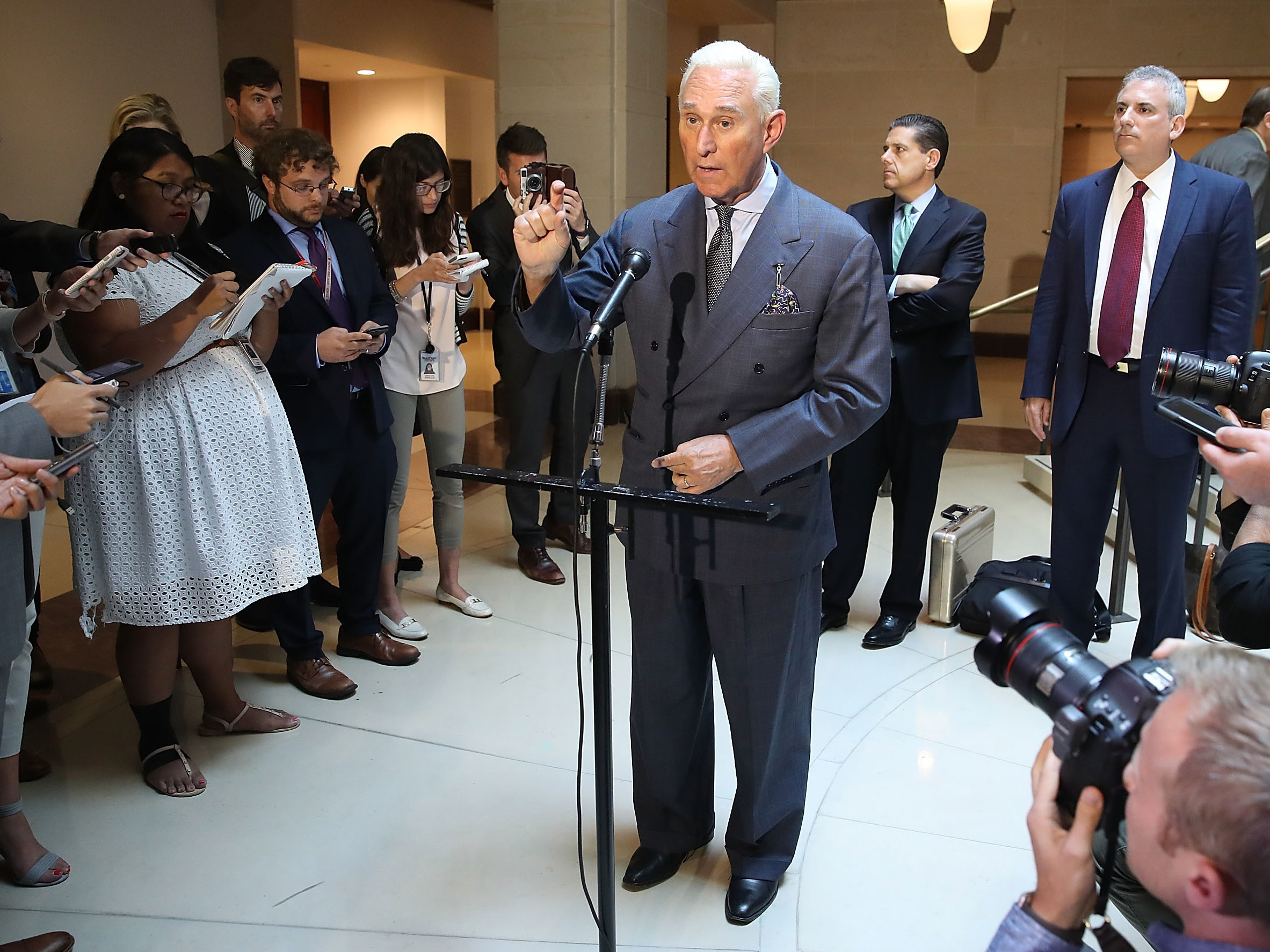 caption: Republican political operative Roger Stone, seen here in a photo from 2017, was charged in connection with the Russian attack on the 2016 election.
