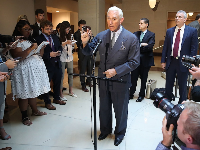 caption: Republican political operative Roger Stone, seen here in a photo from 2017, was charged in connection with the Russian attack on the 2016 election.
