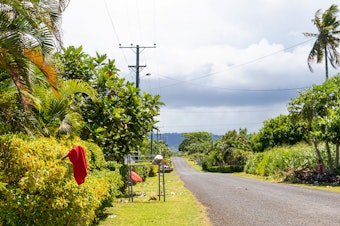 caption: Red flags hang outside of homes in Apia, Samoa, indicating that the residents have not been vaccinated for measles.