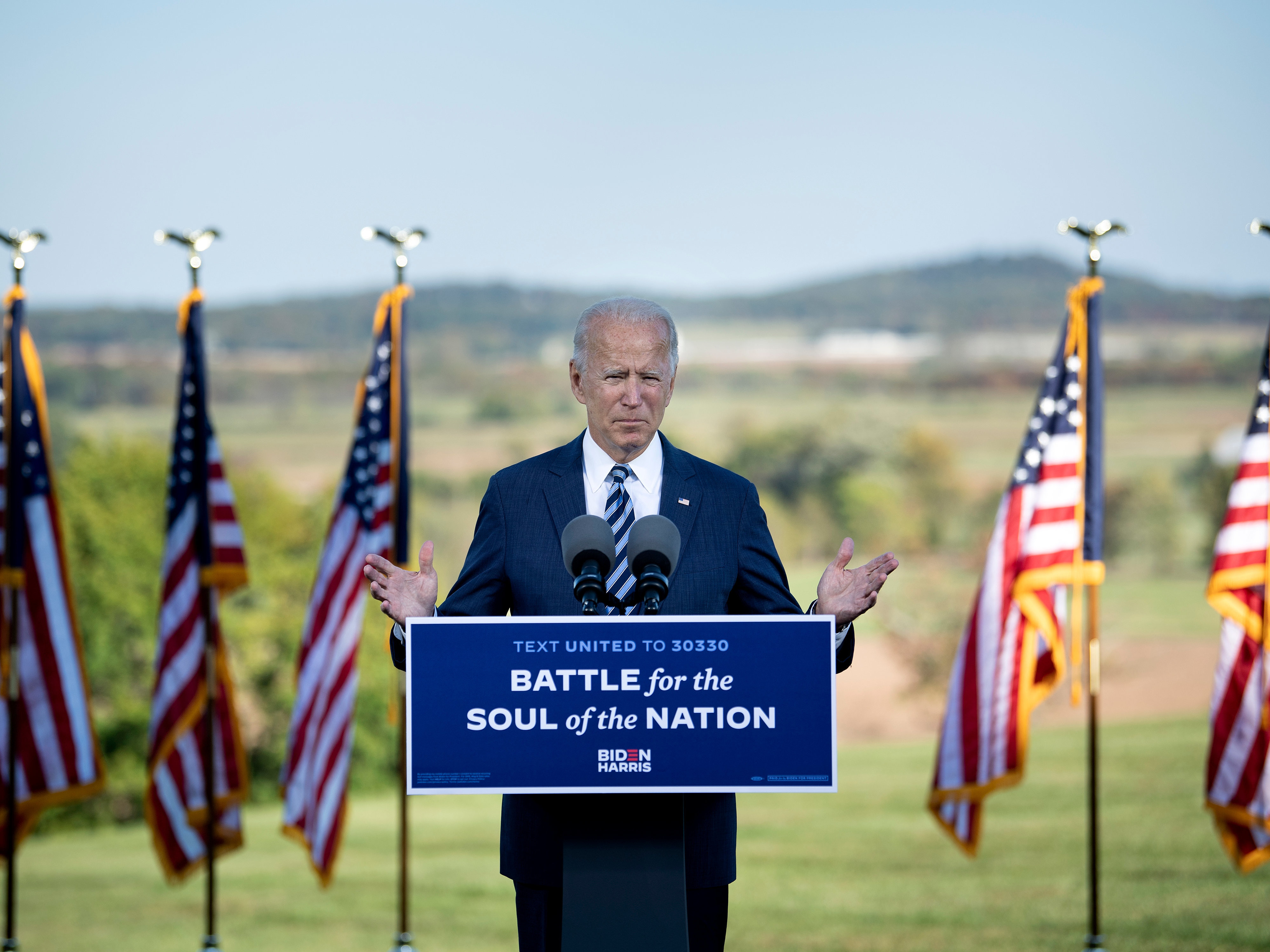 caption: Democratic presidential nominee Joe Biden speaks at the Lodges in Gettysburg, Pa., on Tuesday.