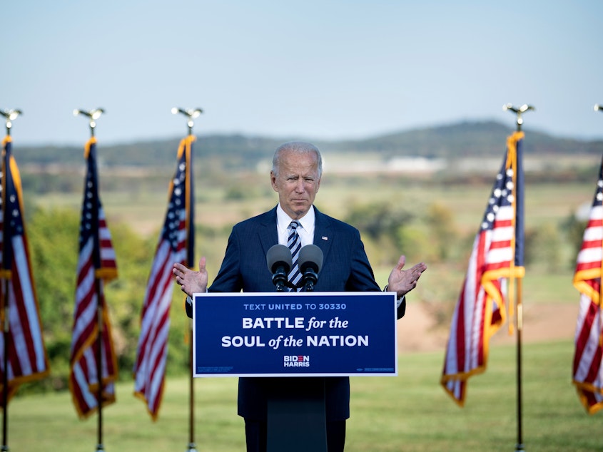 caption: Democratic presidential nominee Joe Biden speaks at the Lodges in Gettysburg, Pa., on Tuesday.