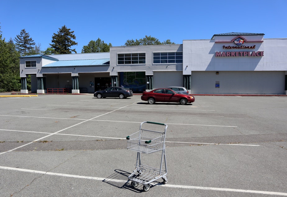 caption: The nearly-deserted parking lot at the beginning of what should be a busy weekend explains a lot about why the only supermarket in Point Roberts, Washington, is on the verge of closure.