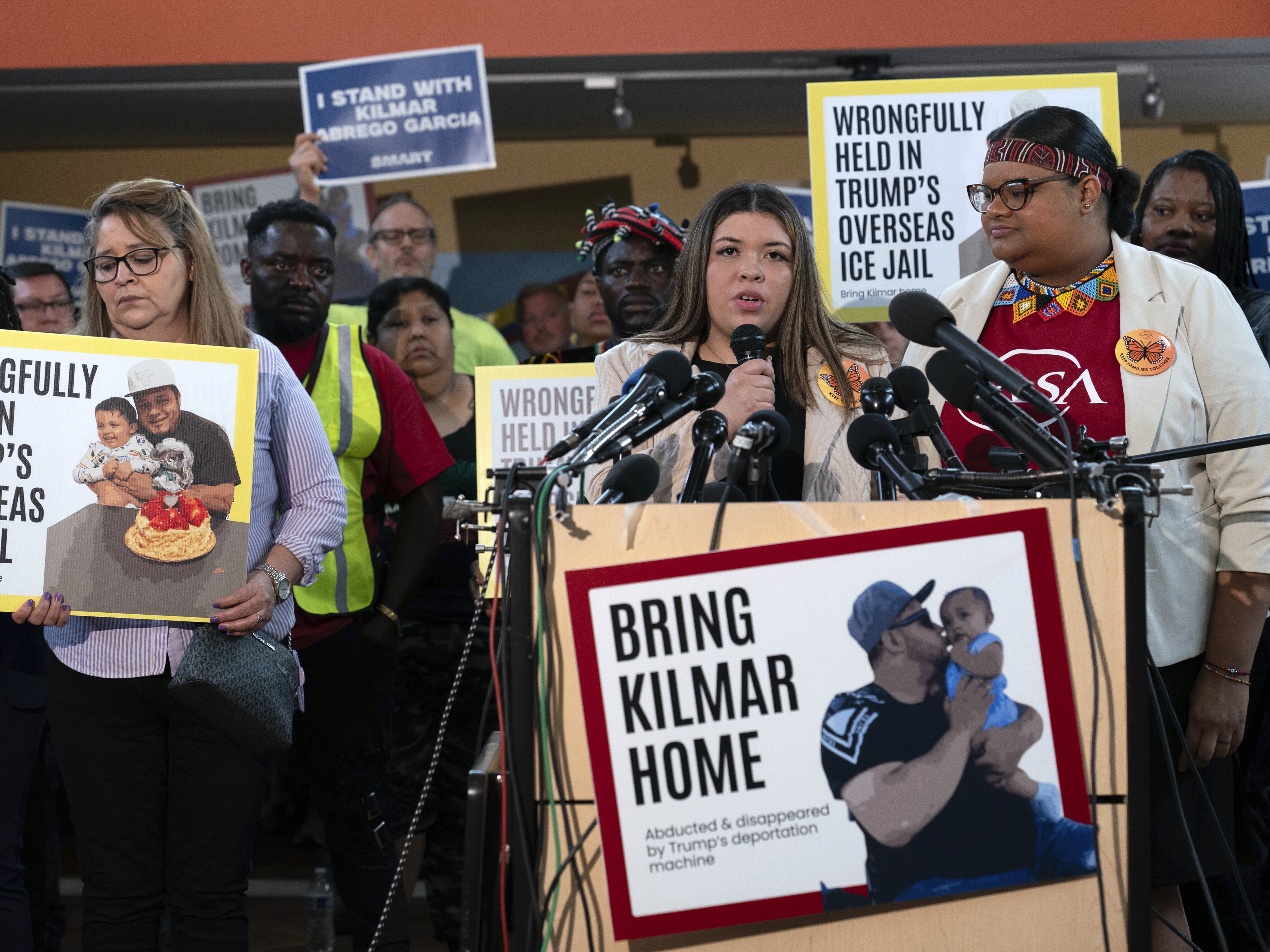 caption: Jennifer Vasquez Sura, the wife of Kilmar Abrego Garcia of Maryland, who was mistakenly deported to El Salvador, speaks during a news conference Friday at CASA's Multicultural Center in Hyattsville, Md.