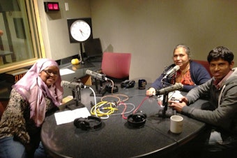 caption: RadioActive reporter Amina Ibrahim (left) interviews Sister Lucy Kurien, who founded Maher homes in India and Gaus Said, who has lived in a Maher home for 14 years.