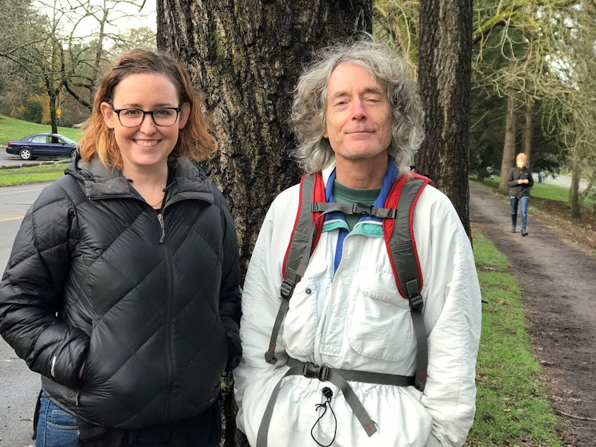 caption: KUOW listener Erika Tobiason and Green Lake tree expert Arthur Lee Jacobson