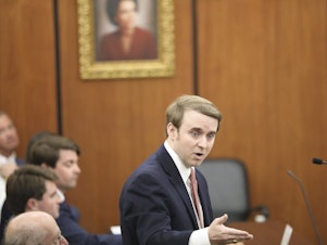 caption: South Carolina Assistant Attorney General Thomas Hydrick argues during a hearing in Columbia on Friday that a judge should not halt enforcement of the state's new abortion law.