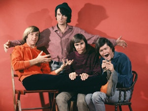 caption: Nesmith with his bandmates Davy Jones, Mickey Dolenz and Peter Tork, photographed in Los Angeles in 1967