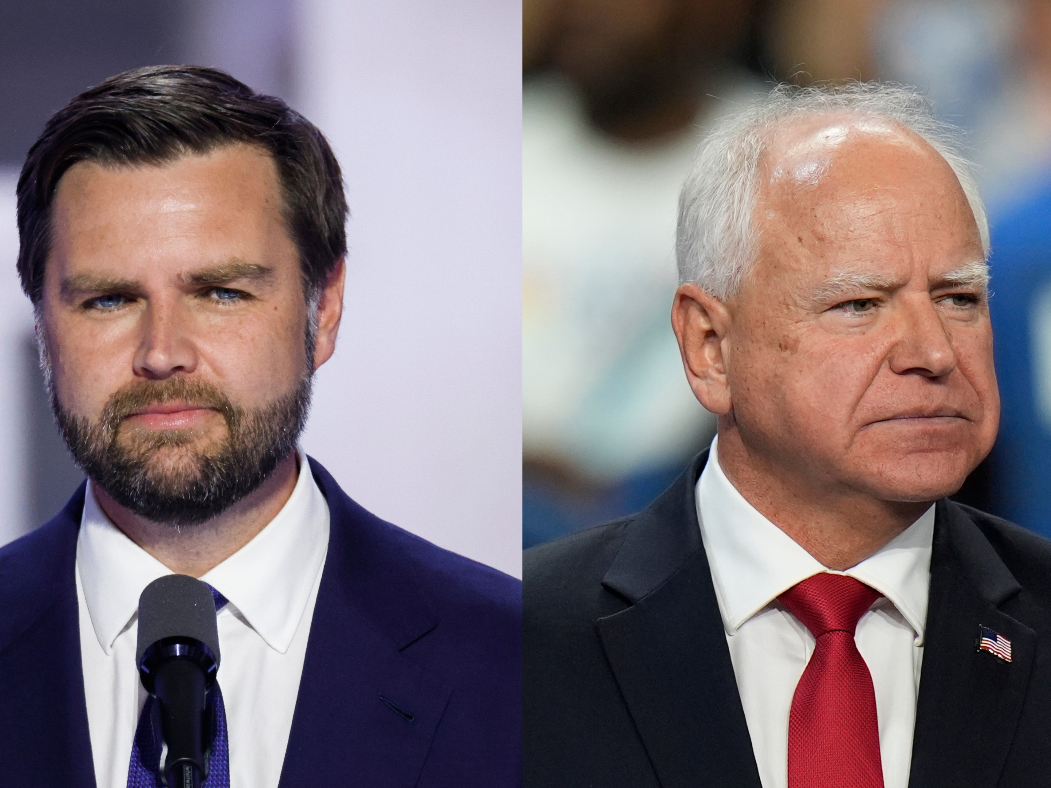 caption: Left: Republican vice presidential candidate Sen. JD Vance (R-Ohio) speaks during the Republican National Convention in July. Right: Democratic vice presidential nominee Minnesota Gov. Tim Walz speaks at a campaign rally at the University of Nevada, Las Vegas, in August.