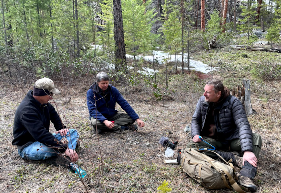 caption: Sitting near a rattlesnake den in the North Cascades of Washington state. Wildlife biologists John Rohrer (left) and Scott Fitkin (center).